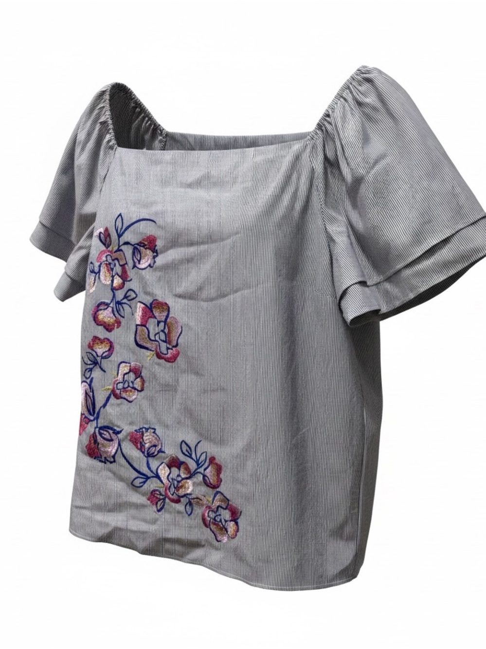 Apt. 9 Light Gray Striped Off-Shoulder Top with Floral Embroidery